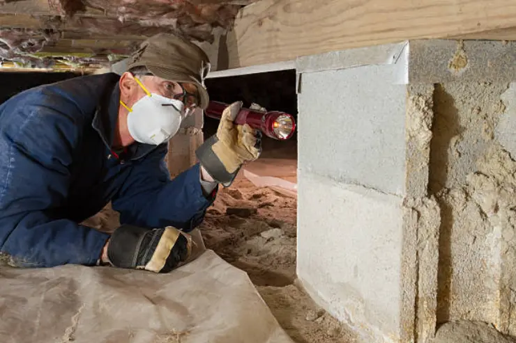 A man crawls under a house to check for termites.