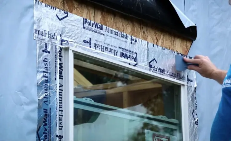 Worker applies sealant tape to a window frame.
