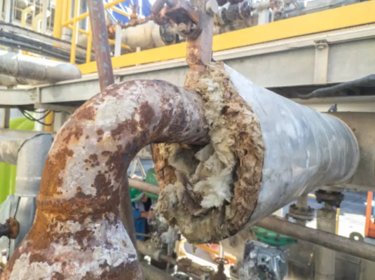 Close-up of a heavily corroded industrial pipe with damaged insulation.