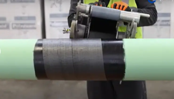 Worker applying protective wrapping tape to a pipeline using a wrapping machine.
