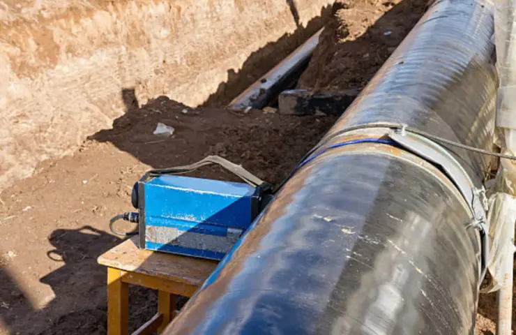Cathodic protection pipeline system with monitoring equipment set up along a buried coated pipeline.