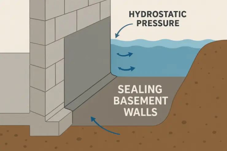 Diagram of sealing blocks moisture pushed through foundation cracks by hydrostatic pressure.
