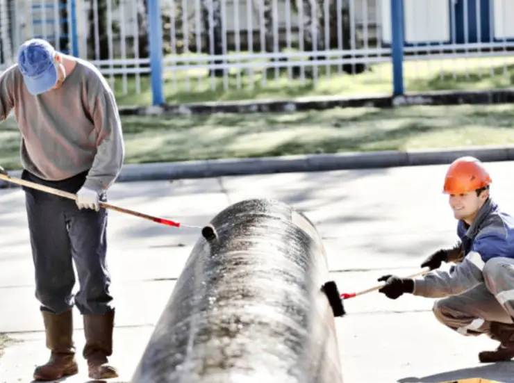Workers applying protective coating to a large steel pipe.