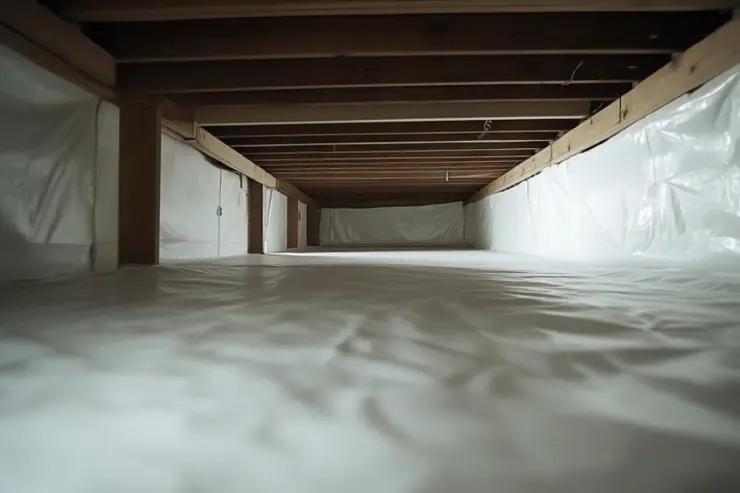 Sealed crawl space with plastic vapor barrier on floor and walls.